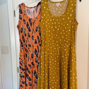 LulaRoe Nicole dress size large mustard polka dot and orange feather print EUC